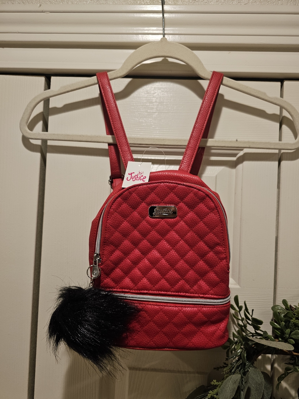 Justice Quilted Mini Backpack in Red with Black Pom
